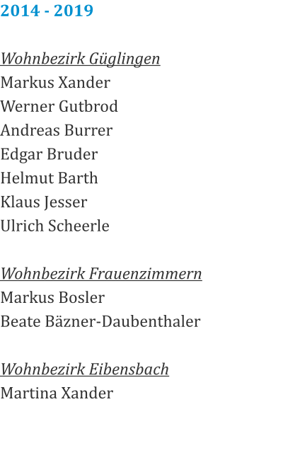 2014 - 2019  Wohnbezirk Güglingen Markus Xander Werner Gutbrod Andreas Burrer Edgar Bruder Helmut Barth Klaus Jesser Ulrich Scheerle  Wohnbezirk Frauenzimmern Markus Bosler Beate Bäzner-Daubenthaler  Wohnbezirk Eibensbach Martina Xander