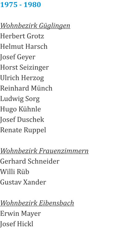 1975 - 1980  Wohnbezirk Güglingen Herbert Grotz Helmut Harsch Josef Geyer Horst Seizinger Ulrich Herzog Reinhard Münch Ludwig Sorg Hugo Kühnle Josef Duschek Renate Ruppel  Wohnbezirk Frauenzimmern Gerhard Schneider Willi Rüb Gustav Xander  Wohnbezirk Eibensbach Erwin Mayer Josef Hickl