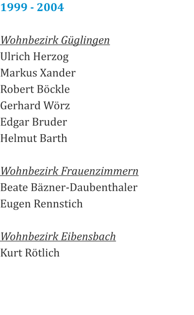 1999 - 2004  Wohnbezirk Güglingen Ulrich Herzog Markus Xander Robert Böckle Gerhard Wörz Edgar Bruder Helmut Barth  Wohnbezirk Frauenzimmern Beate Bäzner-Daubenthaler Eugen Rennstich  Wohnbezirk Eibensbach Kurt Rötlich