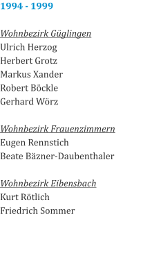 1994 - 1999  Wohnbezirk Güglingen Ulrich Herzog Herbert Grotz Markus Xander Robert Böckle Gerhard Wörz  Wohnbezirk Frauenzimmern Eugen Rennstich Beate Bäzner-Daubenthaler  Wohnbezirk Eibensbach Kurt Rötlich Friedrich Sommer