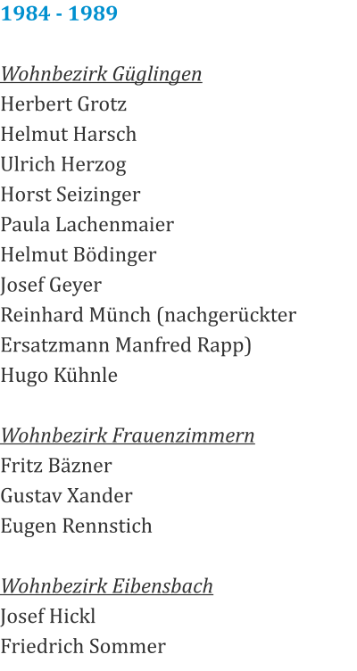1984 - 1989  Wohnbezirk Güglingen Herbert Grotz Helmut Harsch Ulrich Herzog Horst Seizinger Paula Lachenmaier Helmut Bödinger Josef Geyer Reinhard Münch (nachgerückter Ersatzmann Manfred Rapp) Hugo Kühnle  Wohnbezirk Frauenzimmern Fritz Bäzner Gustav Xander Eugen Rennstich  Wohnbezirk Eibensbach Josef Hickl Friedrich Sommer