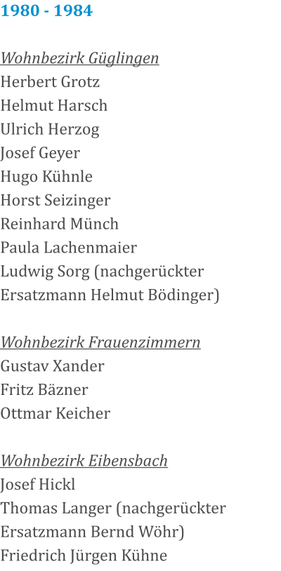 1980 - 1984  Wohnbezirk Güglingen Herbert Grotz Helmut Harsch Ulrich Herzog Josef Geyer Hugo Kühnle Horst Seizinger Reinhard Münch Paula Lachenmaier Ludwig Sorg (nachgerückter Ersatzmann Helmut Bödinger)  Wohnbezirk Frauenzimmern Gustav Xander Fritz Bäzner Ottmar Keicher  Wohnbezirk Eibensbach Josef Hickl Thomas Langer (nachgerückter Ersatzmann Bernd Wöhr) Friedrich Jürgen Kühne