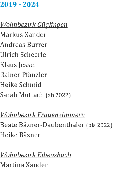 2019 - 2024  Wohnbezirk Güglingen Markus Xander Andreas Burrer Ulrich Scheerle Klaus Jesser Rainer Pfanzler Heike Schmid Sarah Muttach (ab 2022)  Wohnbezirk Frauenzimmern Beate Bäzner-Daubenthaler (bis 2022) Heike Bäzner  Wohnbezirk Eibensbach Martina Xander